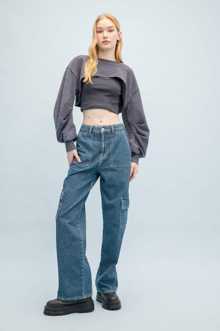 Pantalon Jean Cargo Large à Taille Haute Et Long