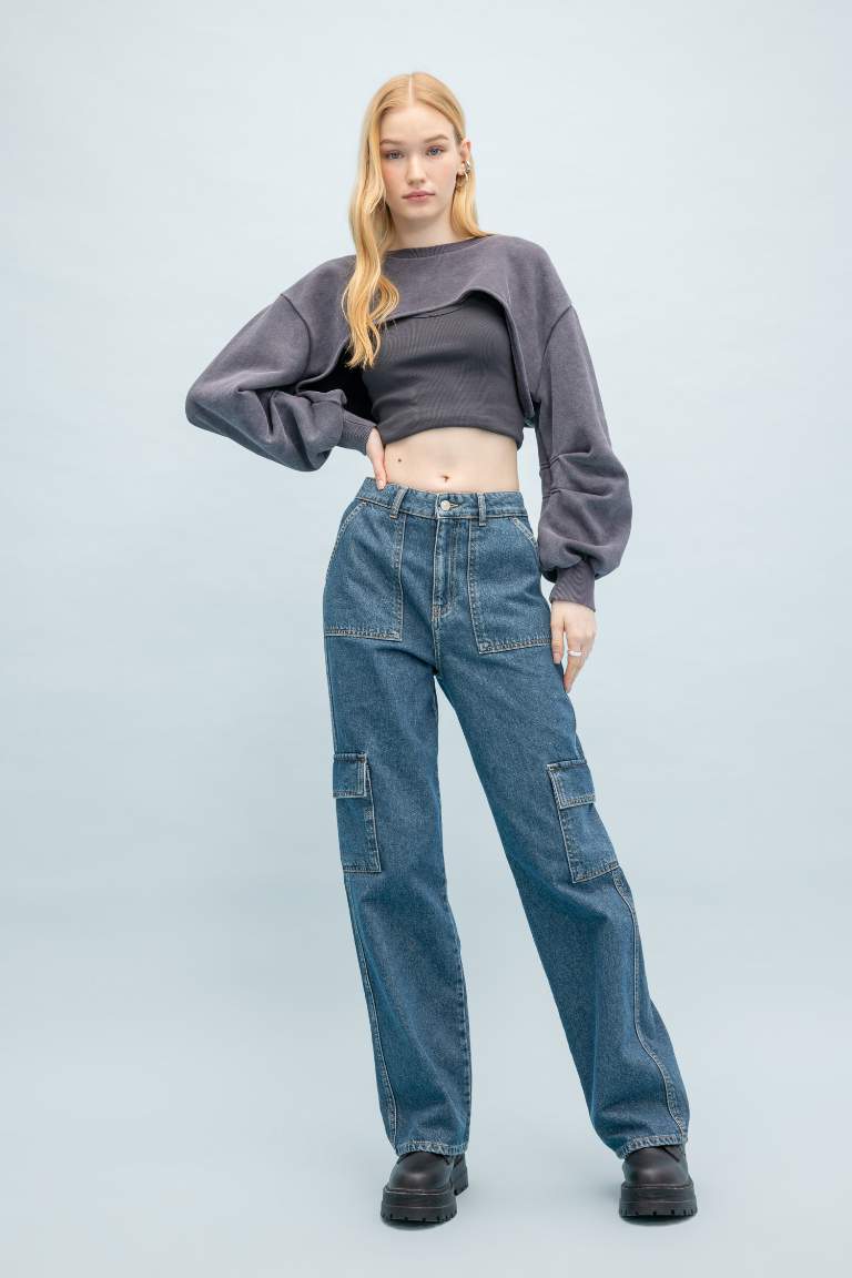 Pantalon Jean Cargo Large à Taille Haute Et Long