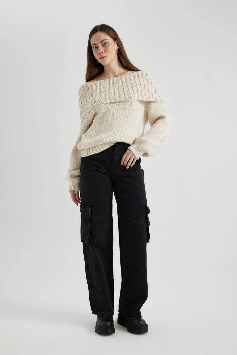 Straight Fit Cargo High Waist Long Jeans