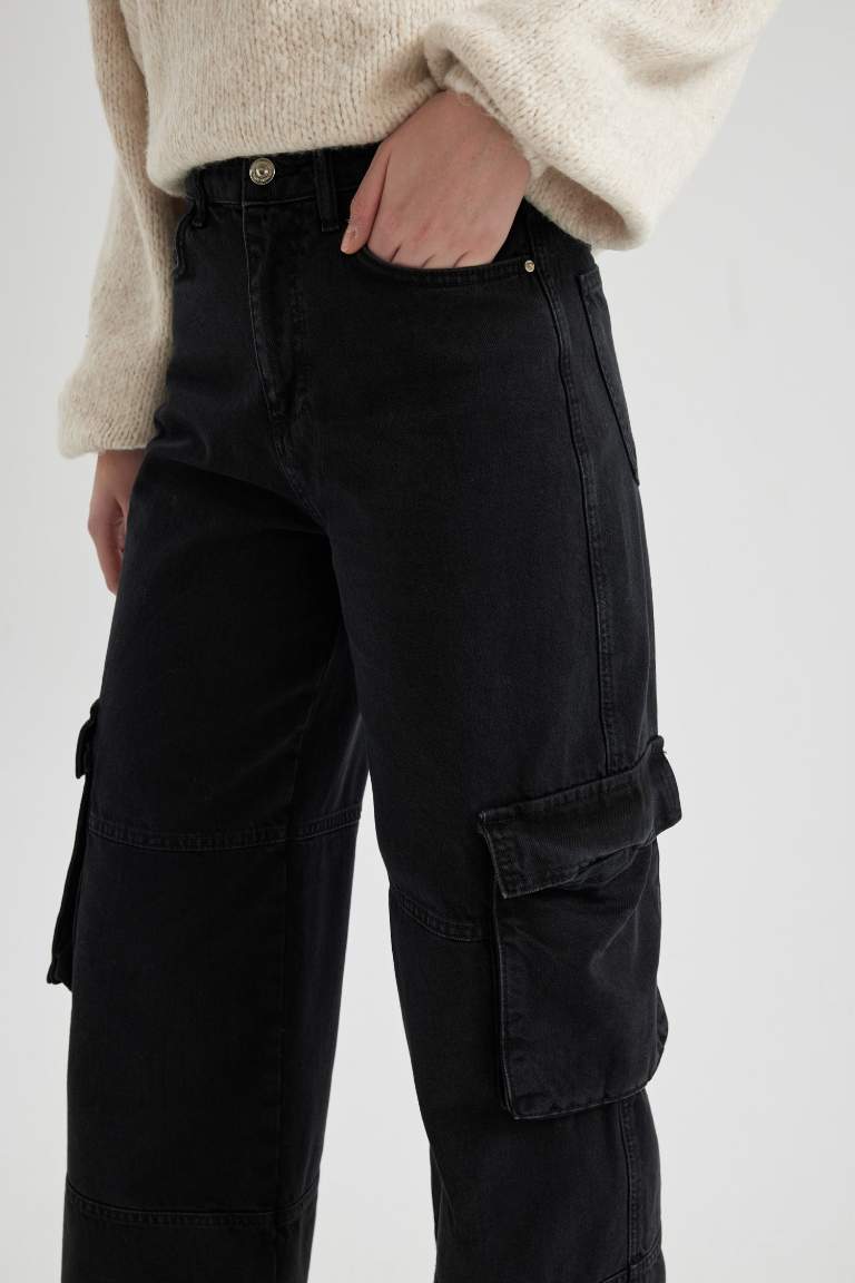 Straight Fit Cargo High Waist Long Jeans