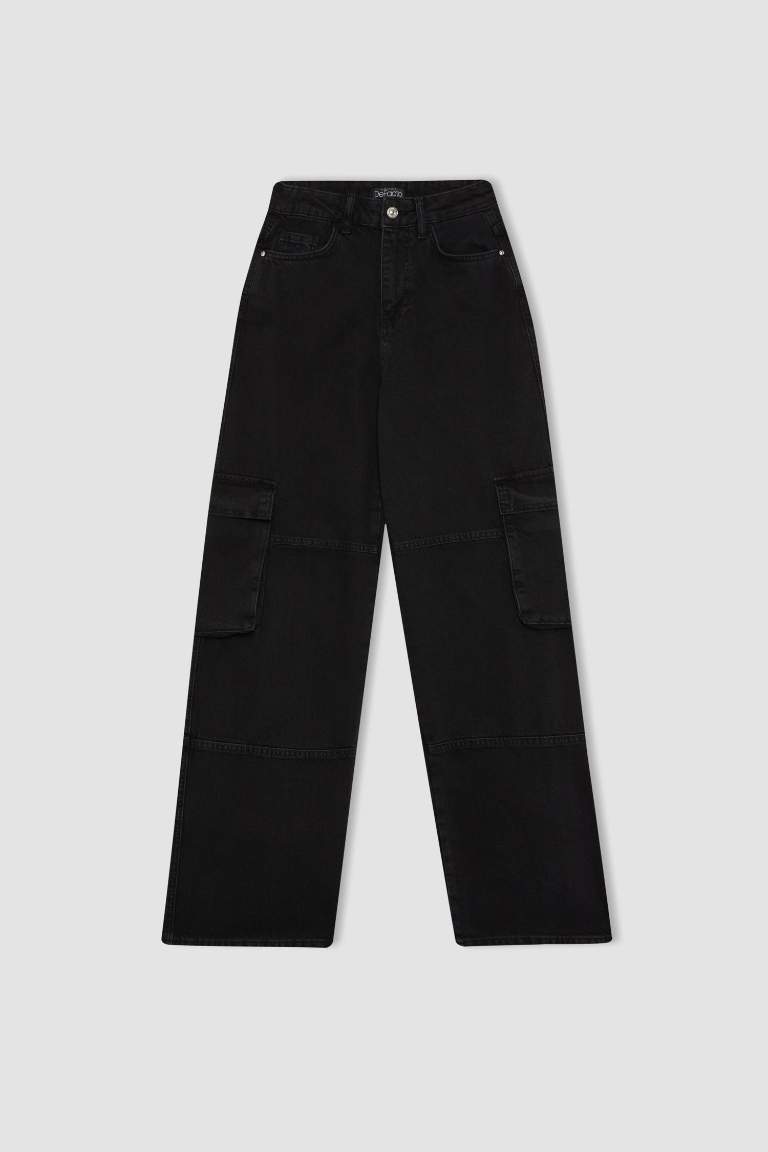 Straight Fit Cargo High Waist Long Jeans