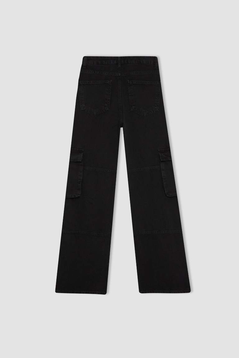 Straight Fit Cargo High Waist Long Jeans