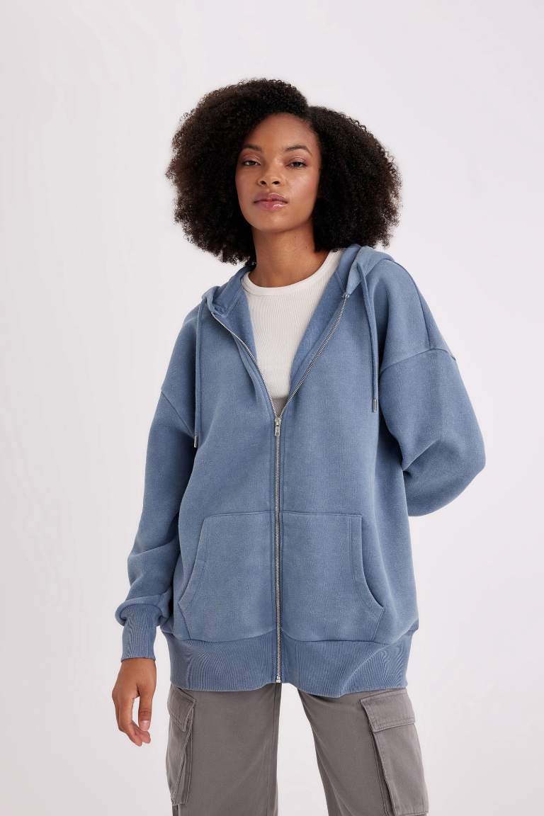 Oversize Fit Kapüşonlu Kalın Kumaş Yıkamalı Soluk Efektli Fermuarlı Sweatshirt