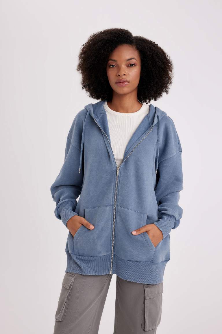 Oversize Fit Kapüşonlu Kalın Kumaş Yıkamalı Soluk Efektli Fermuarlı Sweatshirt