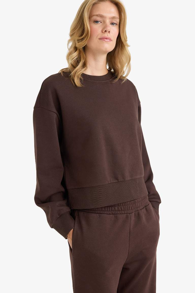 Boxy Fit Bisiklet Yaka Basic Düz Sweatshirt