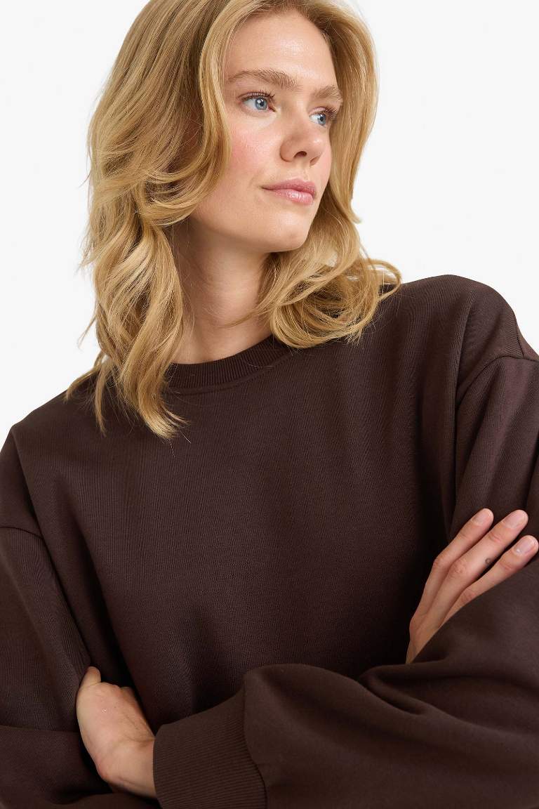 Boxy Fit Bisiklet Yaka Basic Düz Sweatshirt
