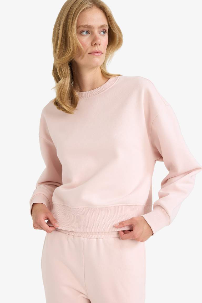 Boxy Fit Bisiklet Yaka Basic Düz Sweatshirt