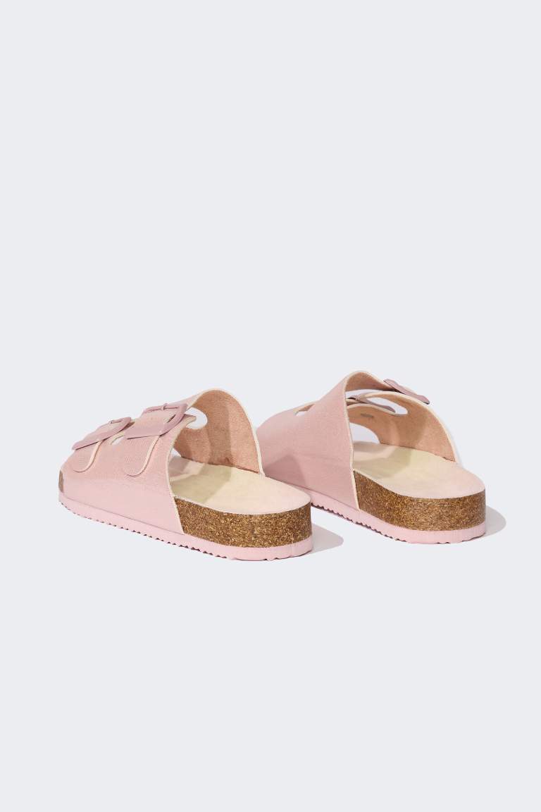 Girl Flat Sole Double Band Faux Leather Slippers