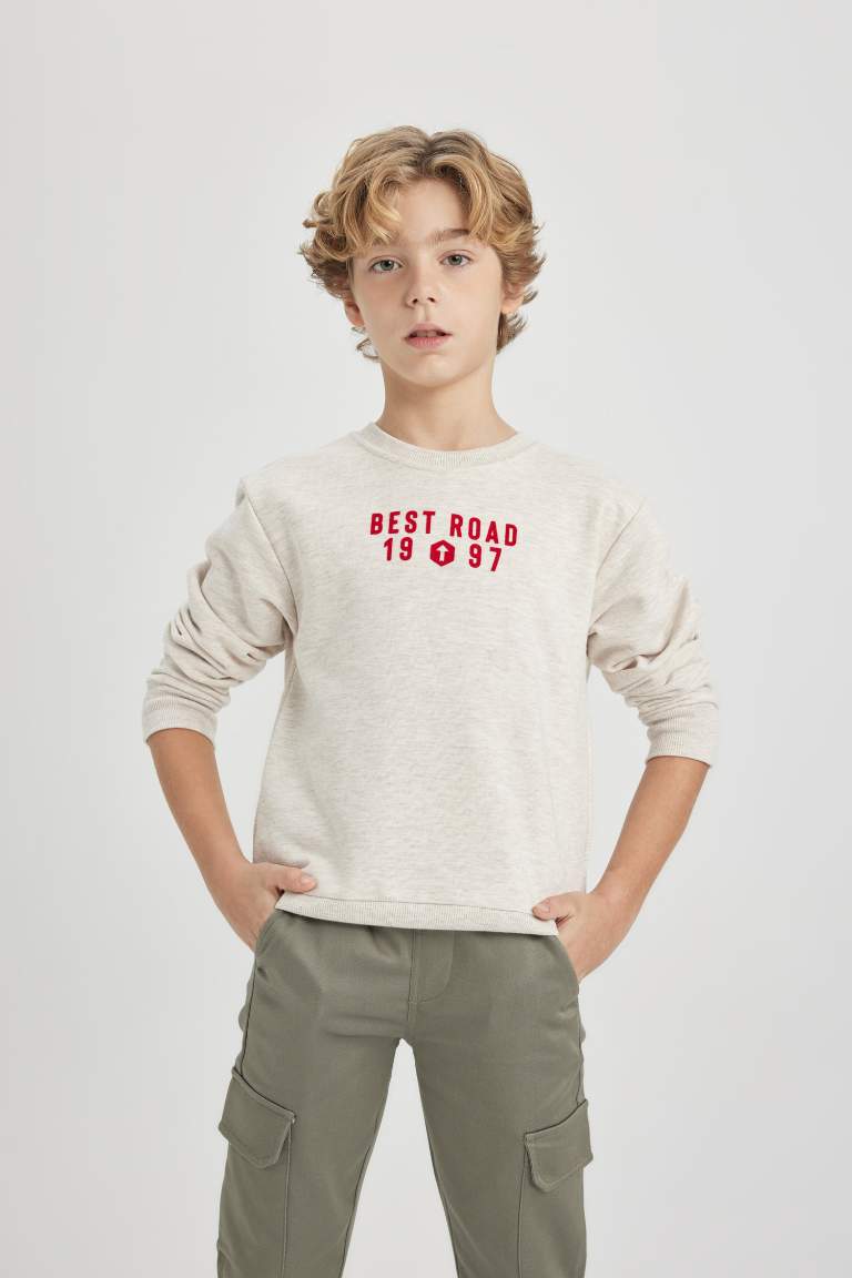 Erkek Çocuk Bisiklet Yaka Baskılı Kalın Sweatshirt