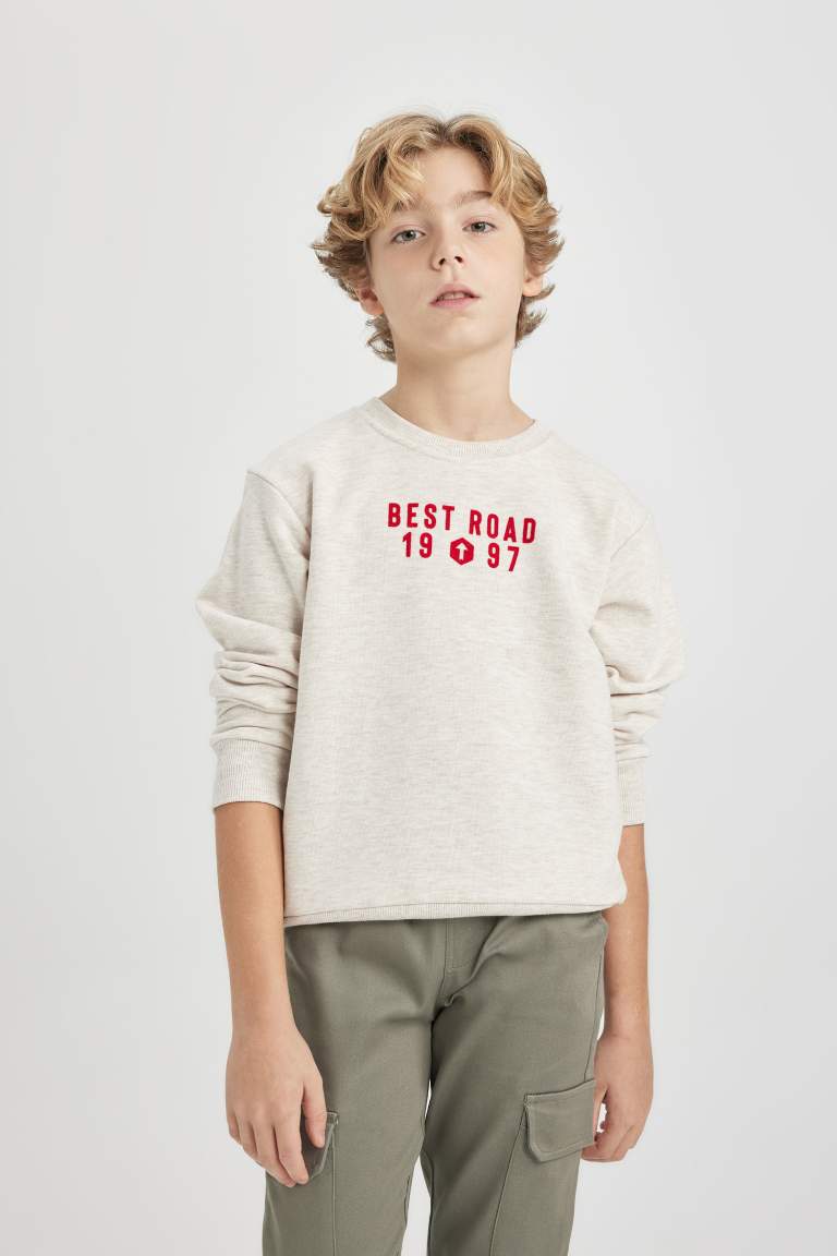 Erkek Çocuk Bisiklet Yaka Baskılı Kalın Sweatshirt
