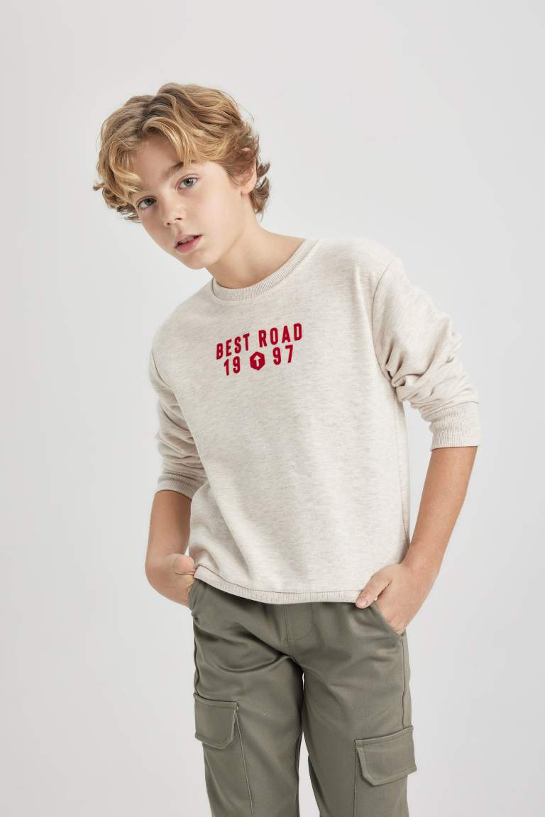 Erkek Çocuk Bisiklet Yaka Baskılı Kalın Sweatshirt