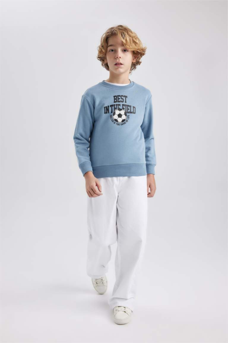 Erkek Çocuk Bisiklet Yaka Baskılı Kalın Sweatshirt