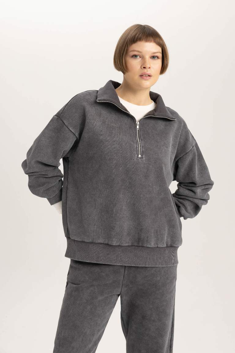 Anthracite WOMAN Relax Fit Polo Neck Thick Sweatshirt Fabric Sweatshirt ...