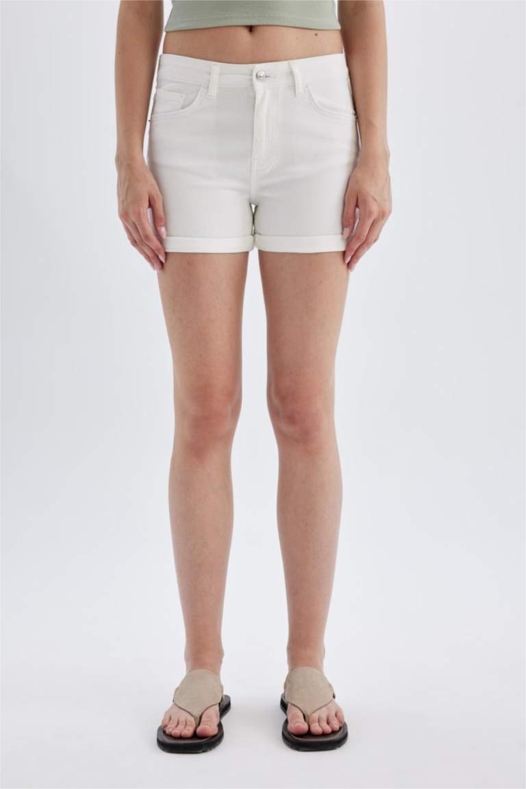 High Waist Fold-Ankle Denim Shorts