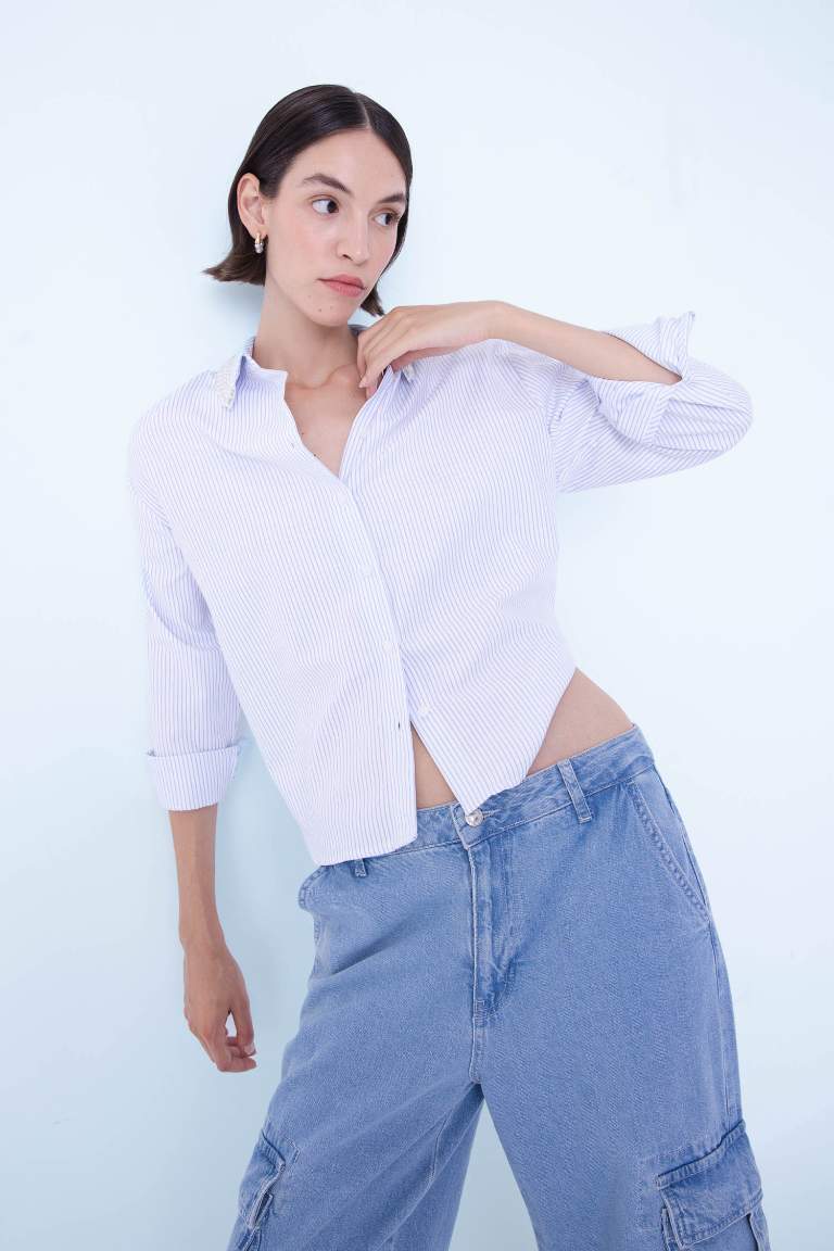 Oversize Fit Shirt Collar Striped Collar Beaded Detail Shirt