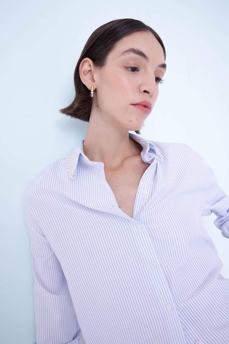 Oversize Fit Shirt Collar Striped Collar Beaded Detail Shirt