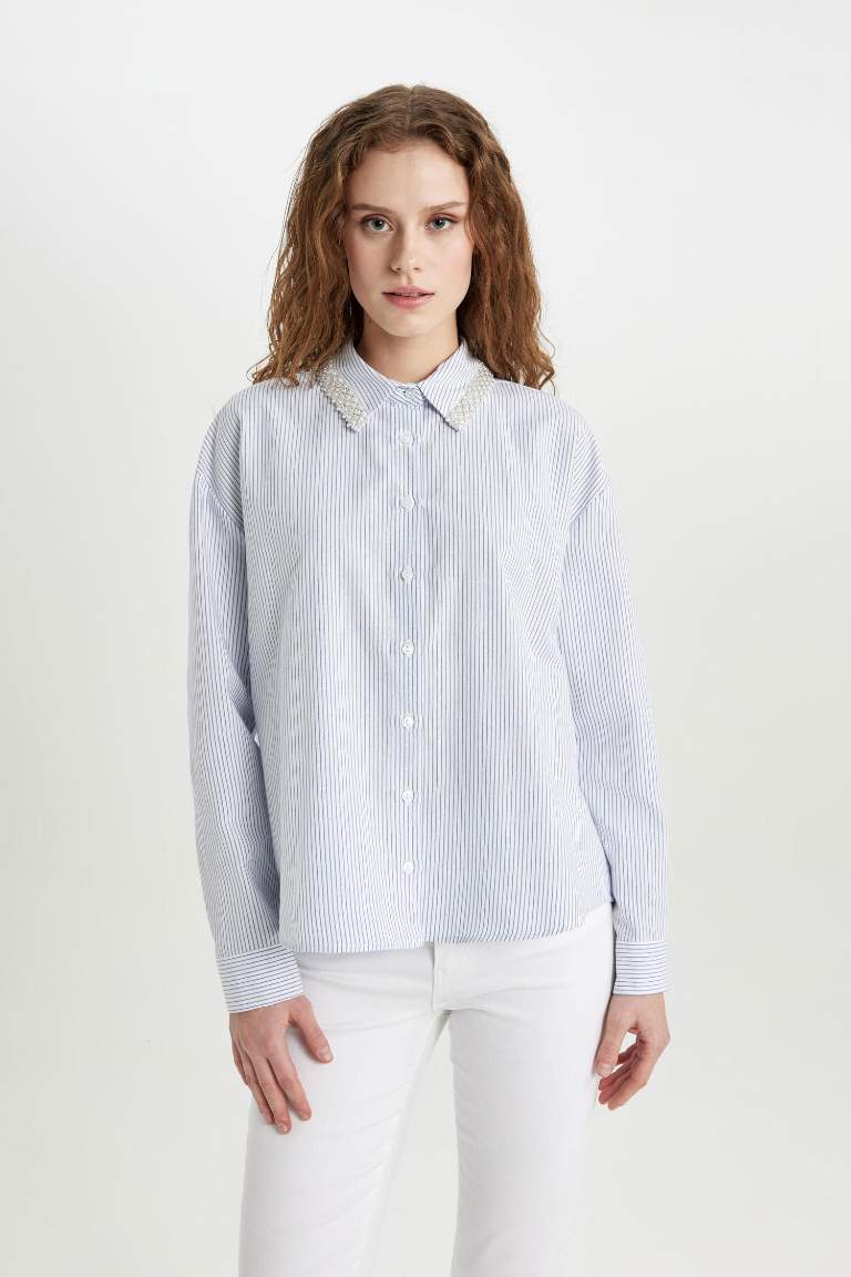 Oversize Fit Shirt Collar Striped Collar Beaded Detail Shirt