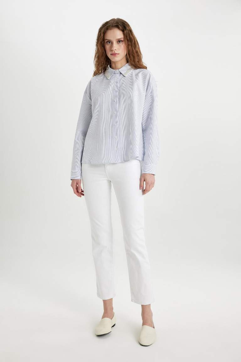 Oversize Fit Shirt Collar Striped Collar Beaded Detail Shirt