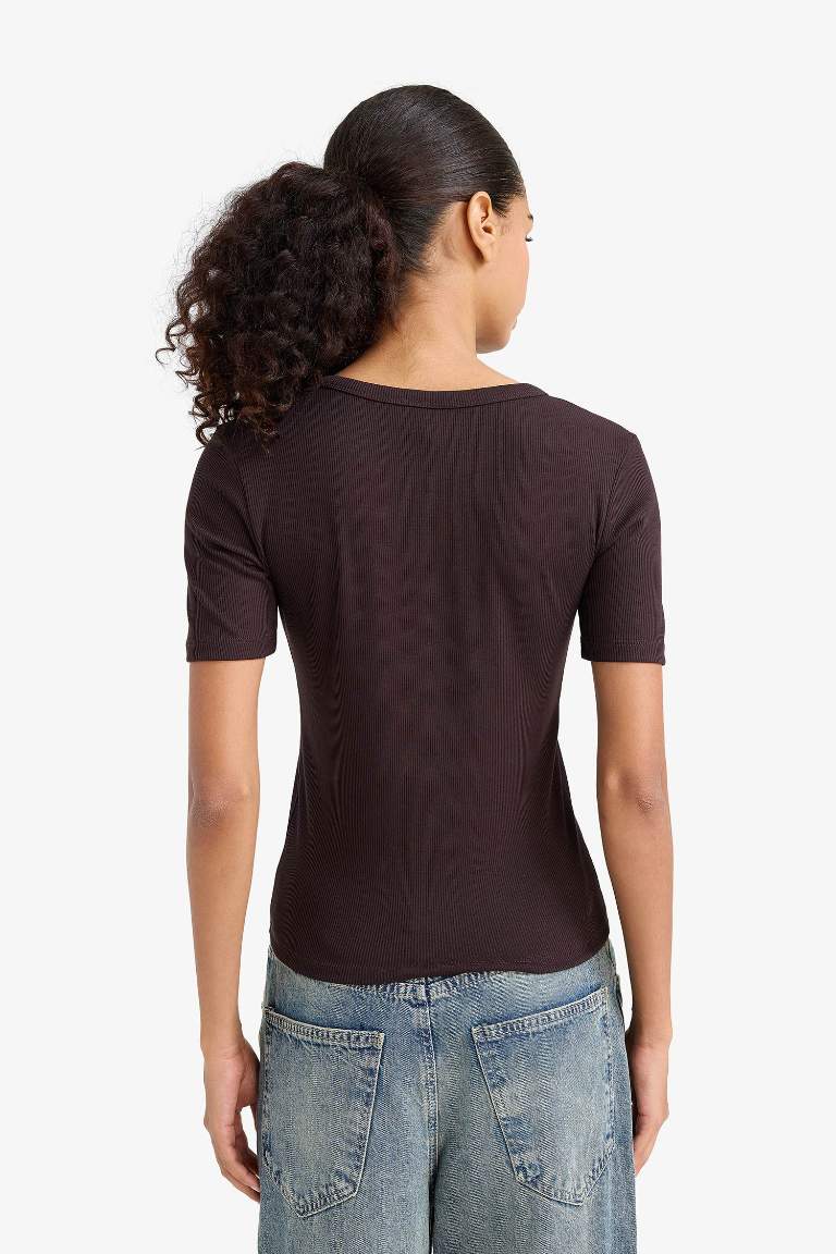 Slim Fit Dar Kesim Bisiklet Yaka Basic Düz Fitilli Kaşkorse Kısa Kollu Tişört