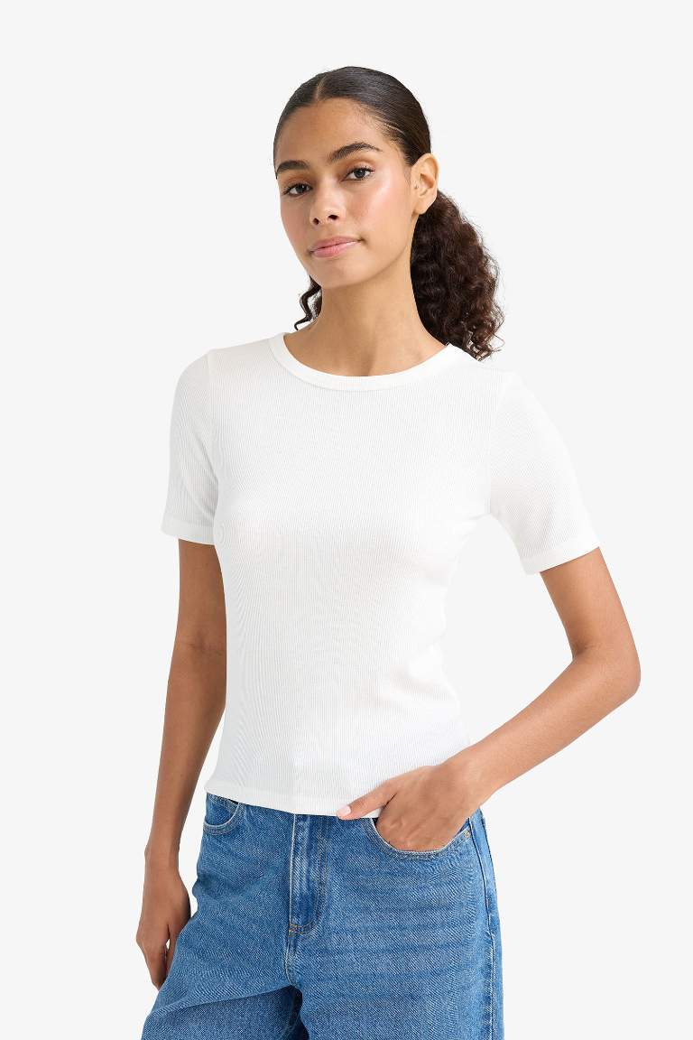 Slim Fit Dar Kesim Bisiklet Yaka Basic Düz Fitilli Kaşkorse Kısa Kollu Tişört