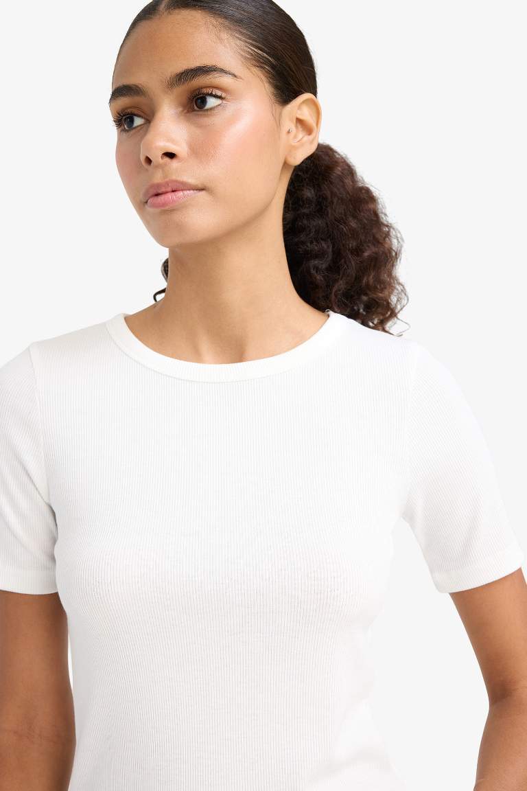 Slim Fit Dar Kesim Bisiklet Yaka Basic Düz Fitilli Kaşkorse Kısa Kollu Tişört
