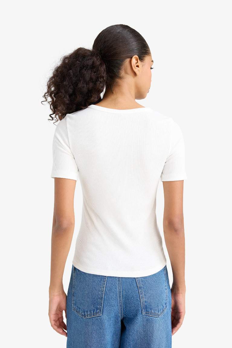 Slim Fit Dar Kesim Bisiklet Yaka Basic Düz Fitilli Kaşkorse Kısa Kollu Tişört