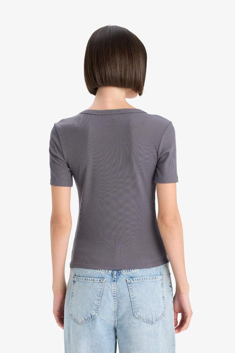 Slim Fit Dar Kesim Bisiklet Yaka Basic Düz Fitilli Kaşkorse Kısa Kollu Tişört