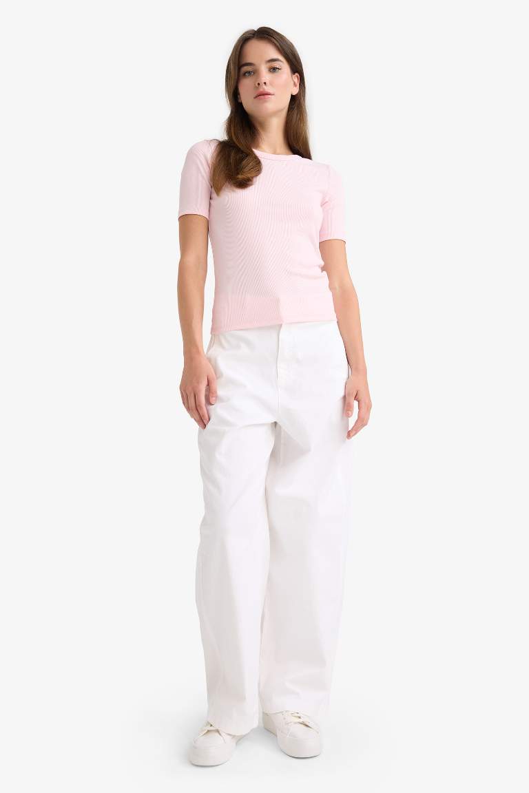 Slim Fit Dar Kesim Bisiklet Yaka Basic Düz Fitilli Kaşkorse Kısa Kollu Tişört