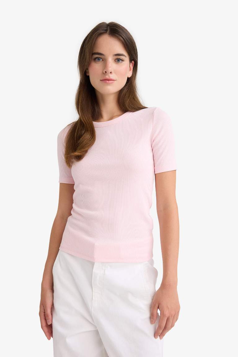 Slim Fit Dar Kesim Bisiklet Yaka Basic Düz Fitilli Kaşkorse Kısa Kollu Tişört