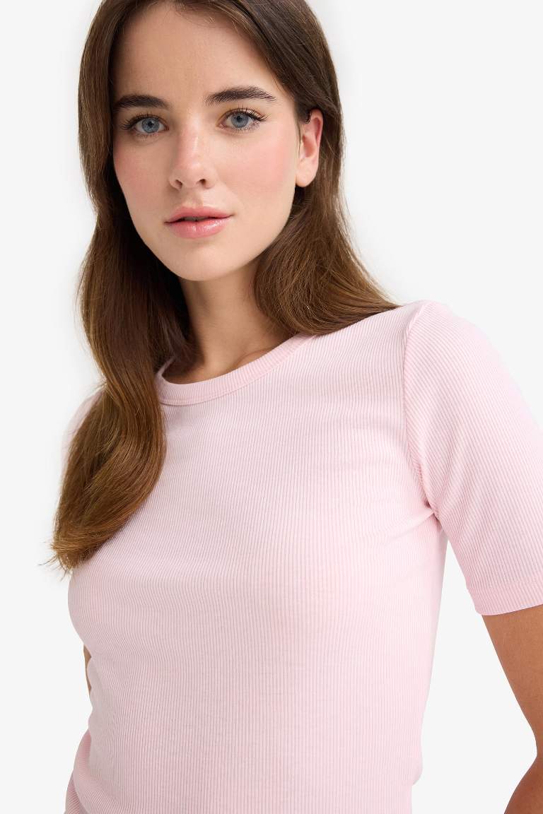 Slim Fit Dar Kesim Bisiklet Yaka Basic Düz Fitilli Kaşkorse Kısa Kollu Tişört