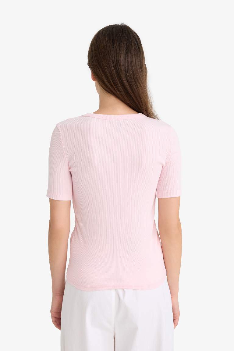 Slim Fit Dar Kesim Bisiklet Yaka Basic Düz Fitilli Kaşkorse Kısa Kollu Tişört