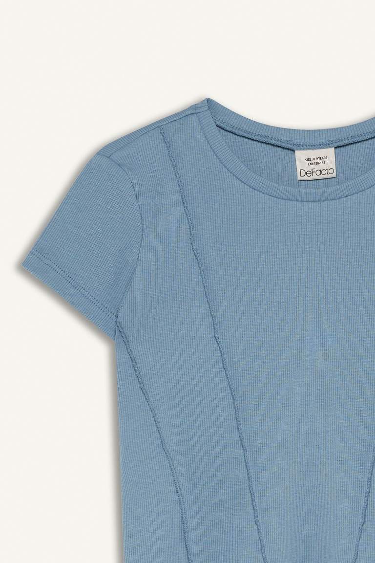 T-shirt slim basique côtelé à col rond et manches courtes pour fille