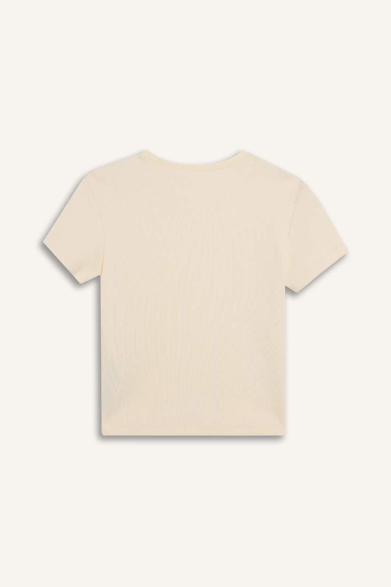 T-shirt basique en coton côtelé à col rond et manches courtes pour fille