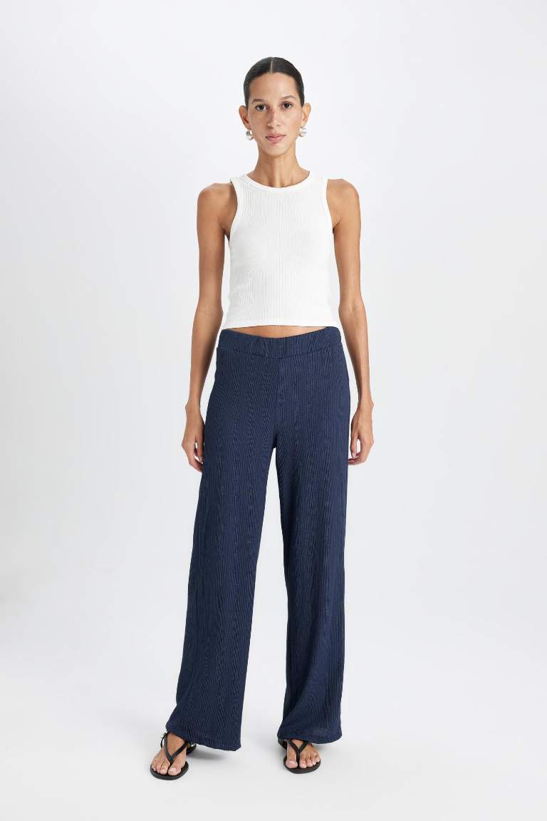 Bürümcük Pantolon Lacivert Wide Leg Geniş Bol Paça Beli Lastikli