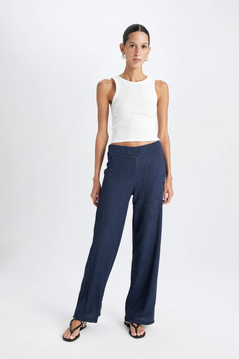 Bürümcük Pantolon Lacivert Wide Leg Geniş Bol Paça Beli Lastikli