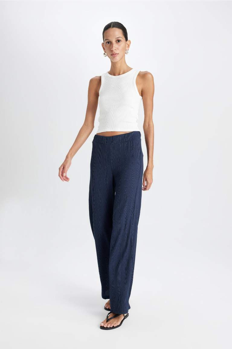 Bürümcük Pantolon Lacivert Wide Leg Geniş Bol Paça Beli Lastikli