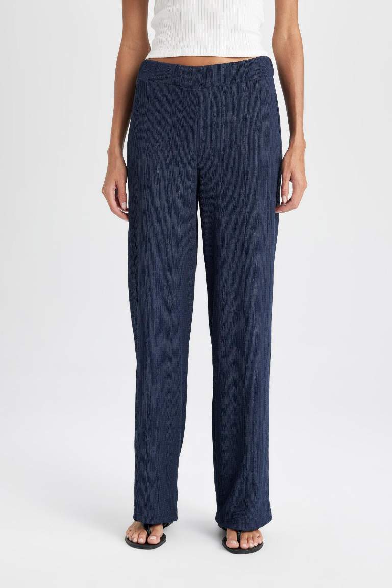 Bürümcük Pantolon Lacivert Wide Leg Geniş Bol Paça Beli Lastikli