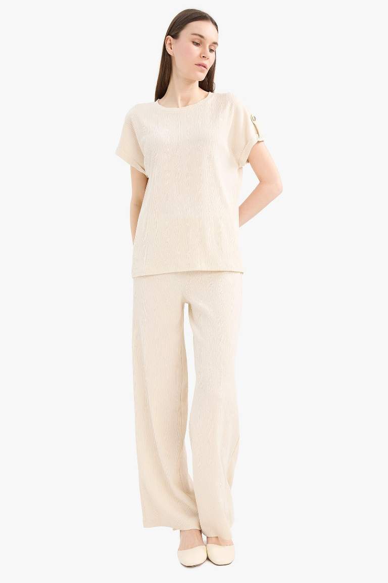Bürümcük Pantolon Wide Leg Geniş Bol Paça Beli Lastikli