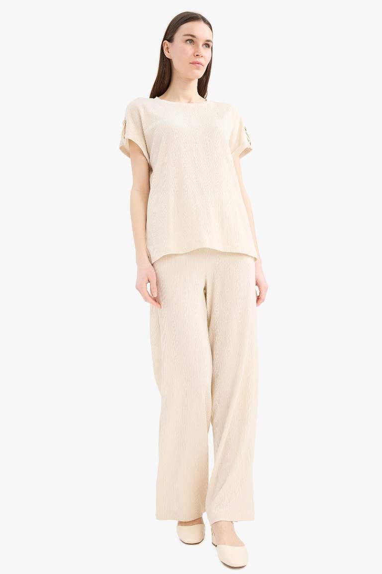 Bürümcük Pantolon Wide Leg Geniş Bol Paça Beli Lastikli