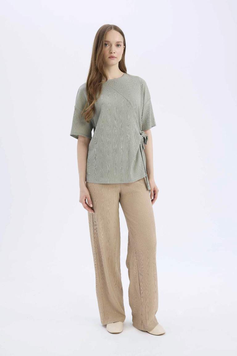 Bürümcük Pantolon Wide Leg Geniş Bol Paça Beli Lastikli