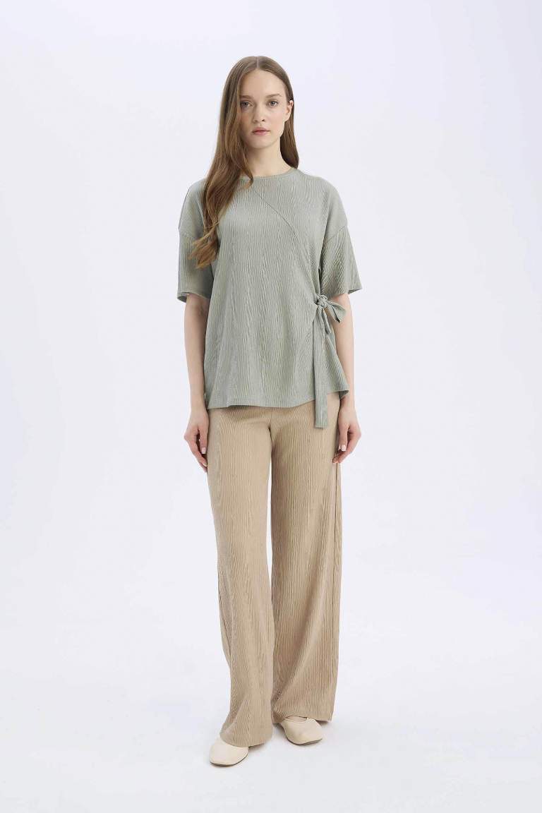 Bürümcük Pantolon Wide Leg Geniş Bol Paça Beli Lastikli