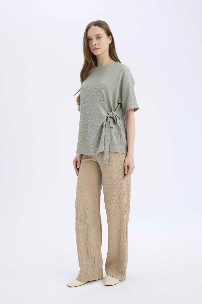 Bürümcük Pantolon Wide Leg Geniş Bol Paça Beli Lastikli