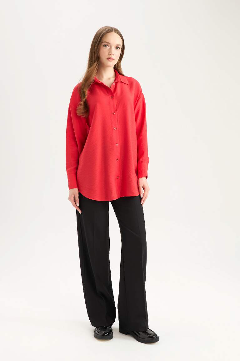 Relax Fit Basic Long Sleeve Red Shirt Tunic