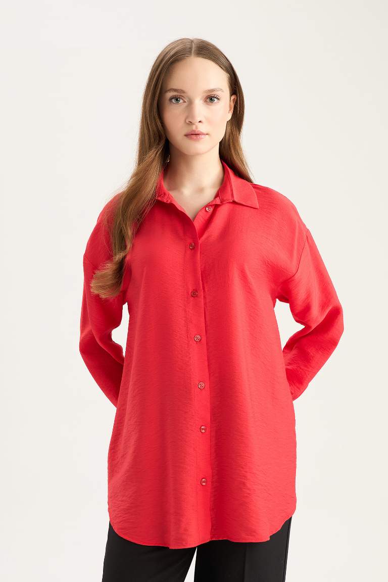 Relax Fit Basic Long Sleeve Red Shirt Tunic