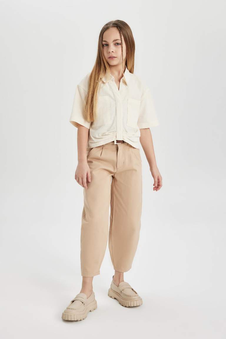 Girl Barrel Fit Wide Leg Cotton Belted Trousers