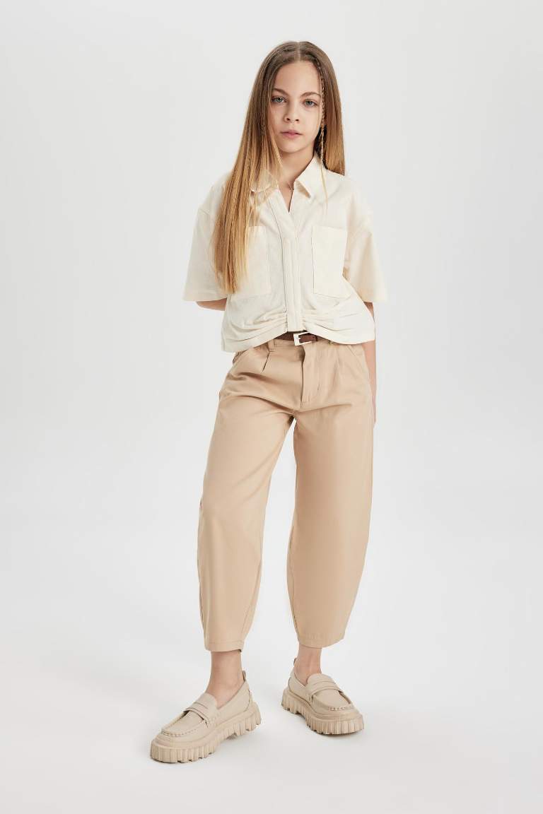 Girl Barrel Fit Wide Leg Cotton Belted Trousers