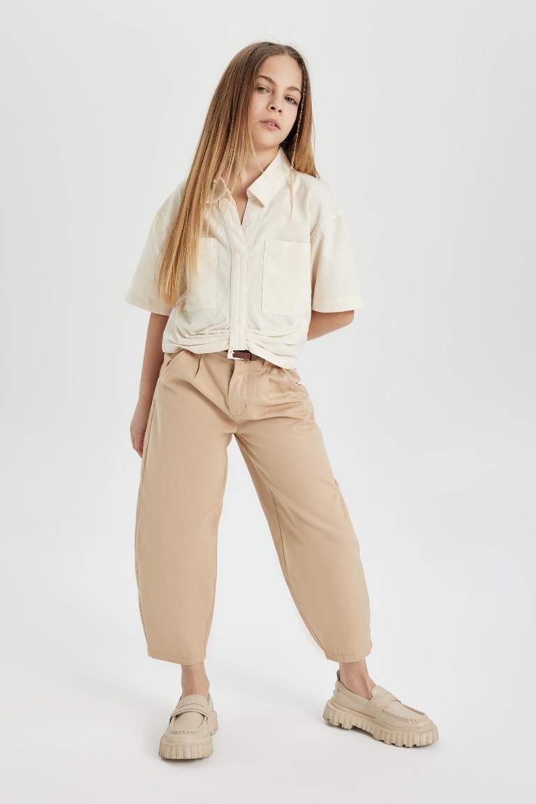 Girl Barrel Fit Wide Leg Cotton Belted Trousers