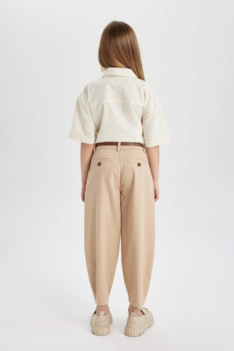 Girl Barrel Fit Wide Leg Cotton Belted Trousers