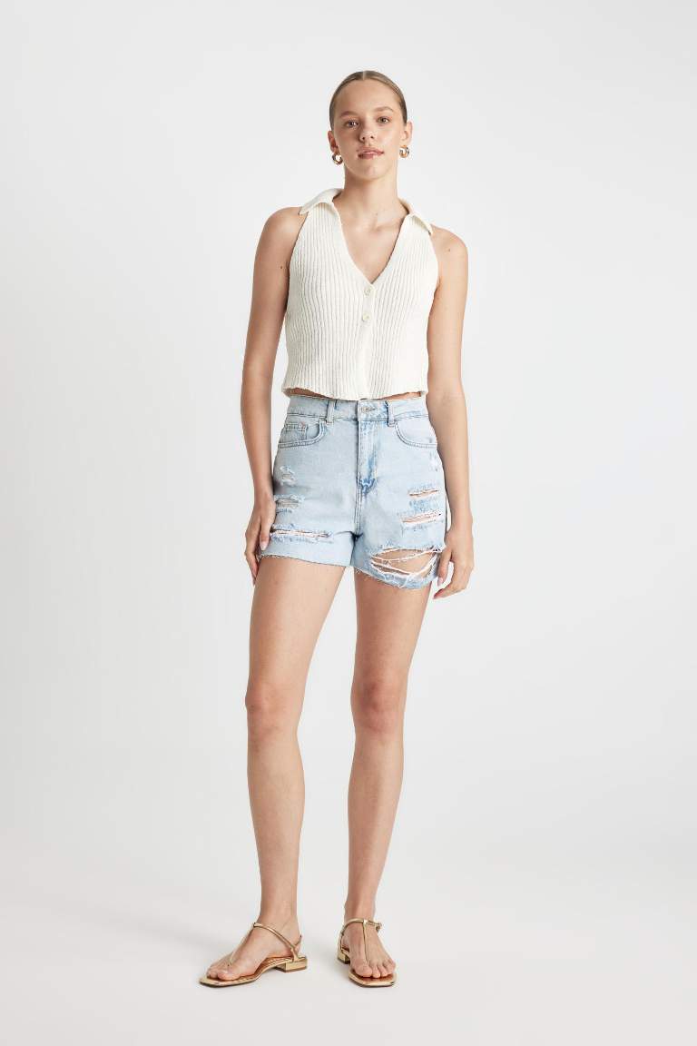Mom Fit High Waist Cropped Denim Shorts