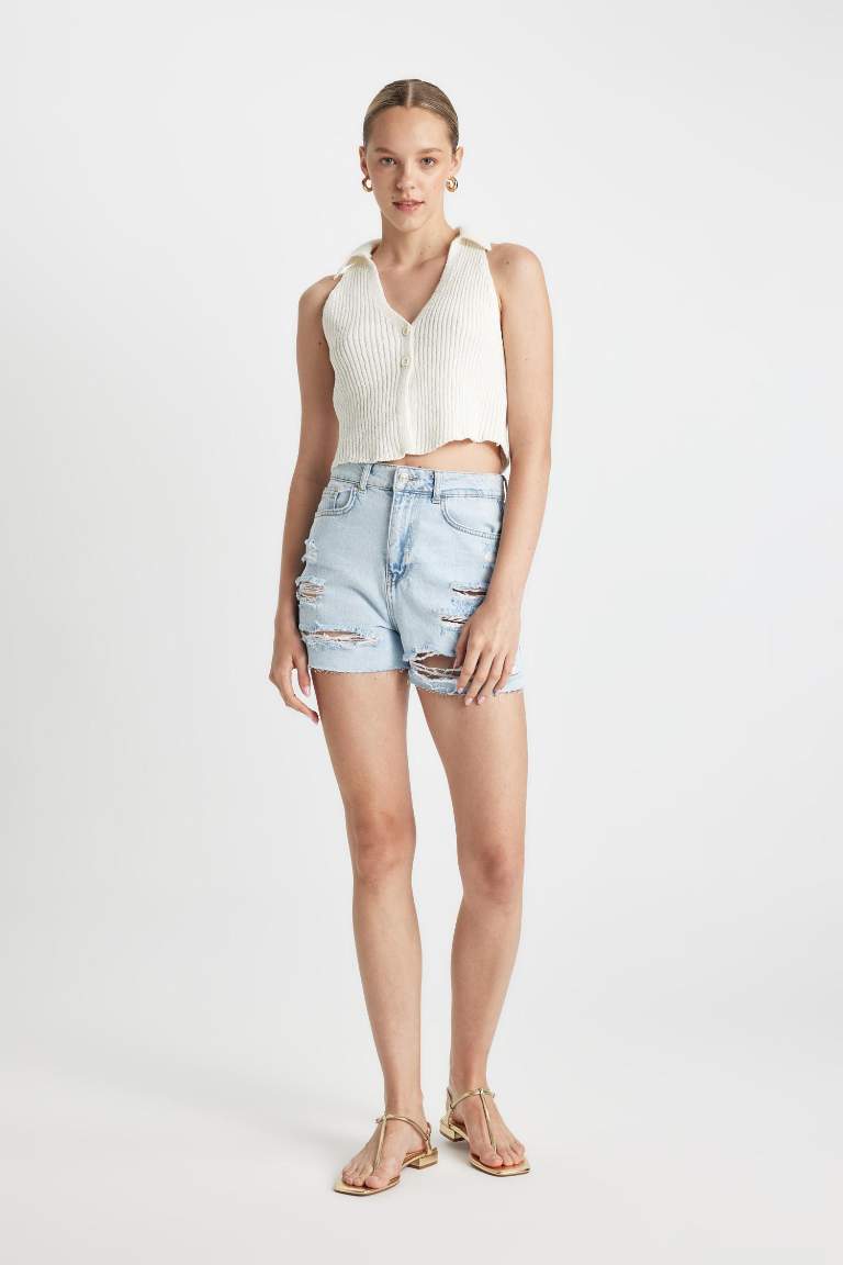 Mom Fit High Waist Cropped Denim Shorts